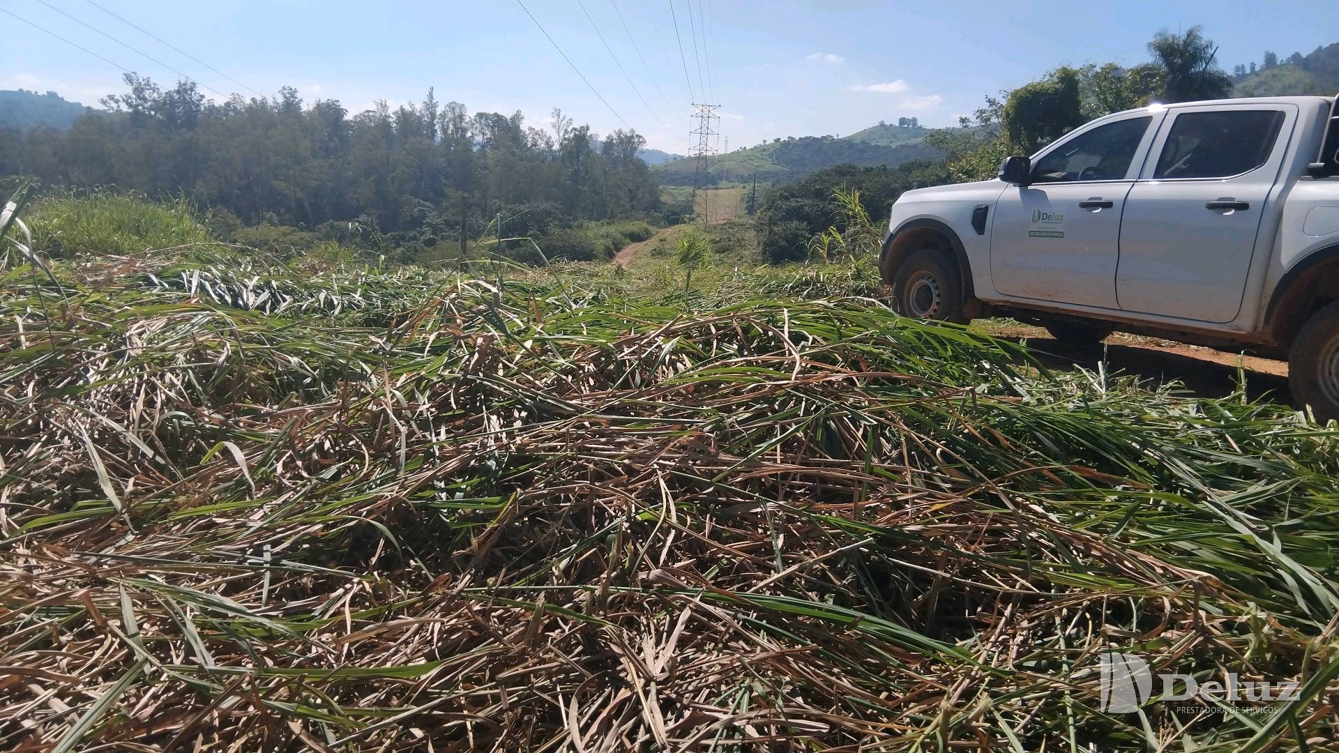 Faixa roçada com o material cortado no solo e caminhonete da Deluz ao lado